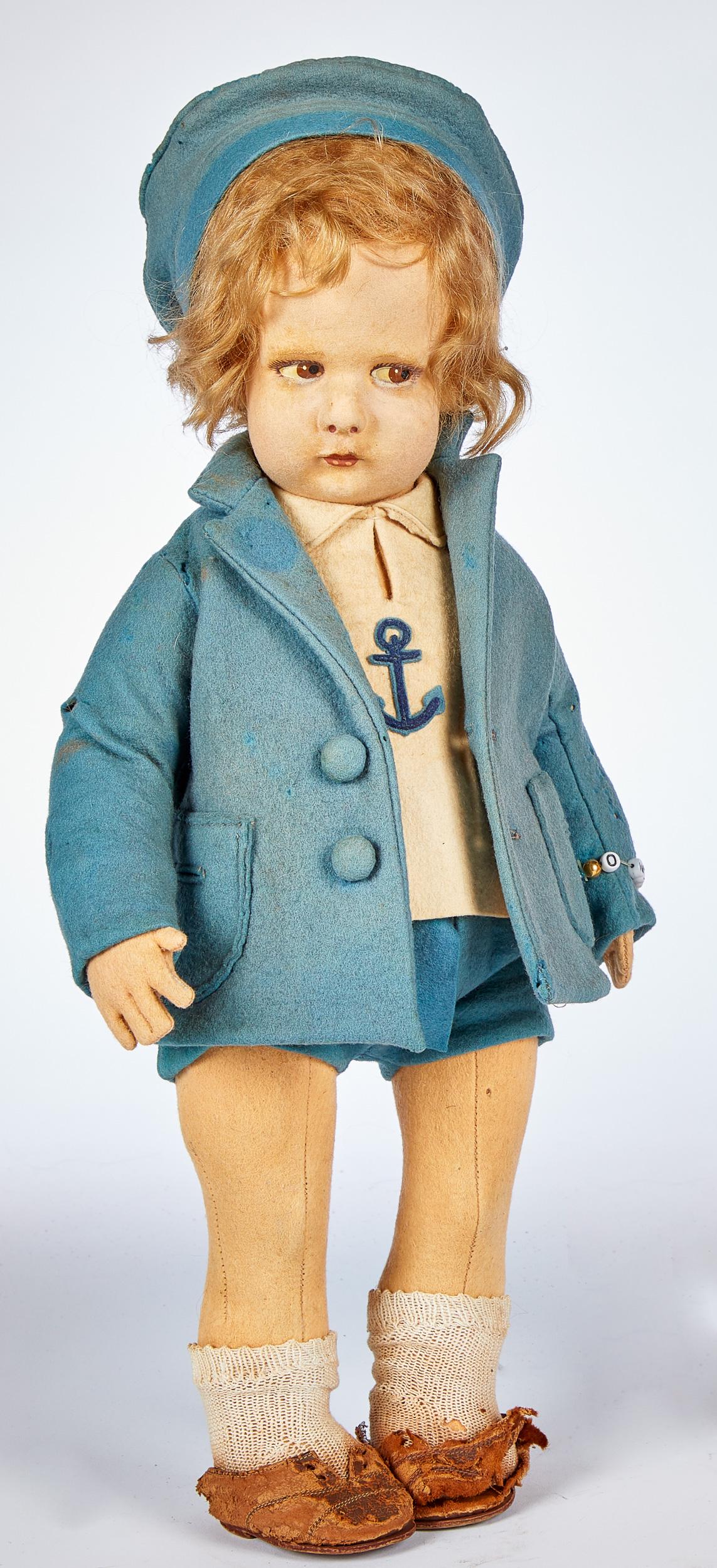 Lenci sailor girl felt doll: Lenci sailor girl felt doll, with hollow torso, swivel head, painted side glancing eyes with closed mouth, two dot bottom lip, felt costume with Lenci card and leather shoes, 16 1/2'' h.