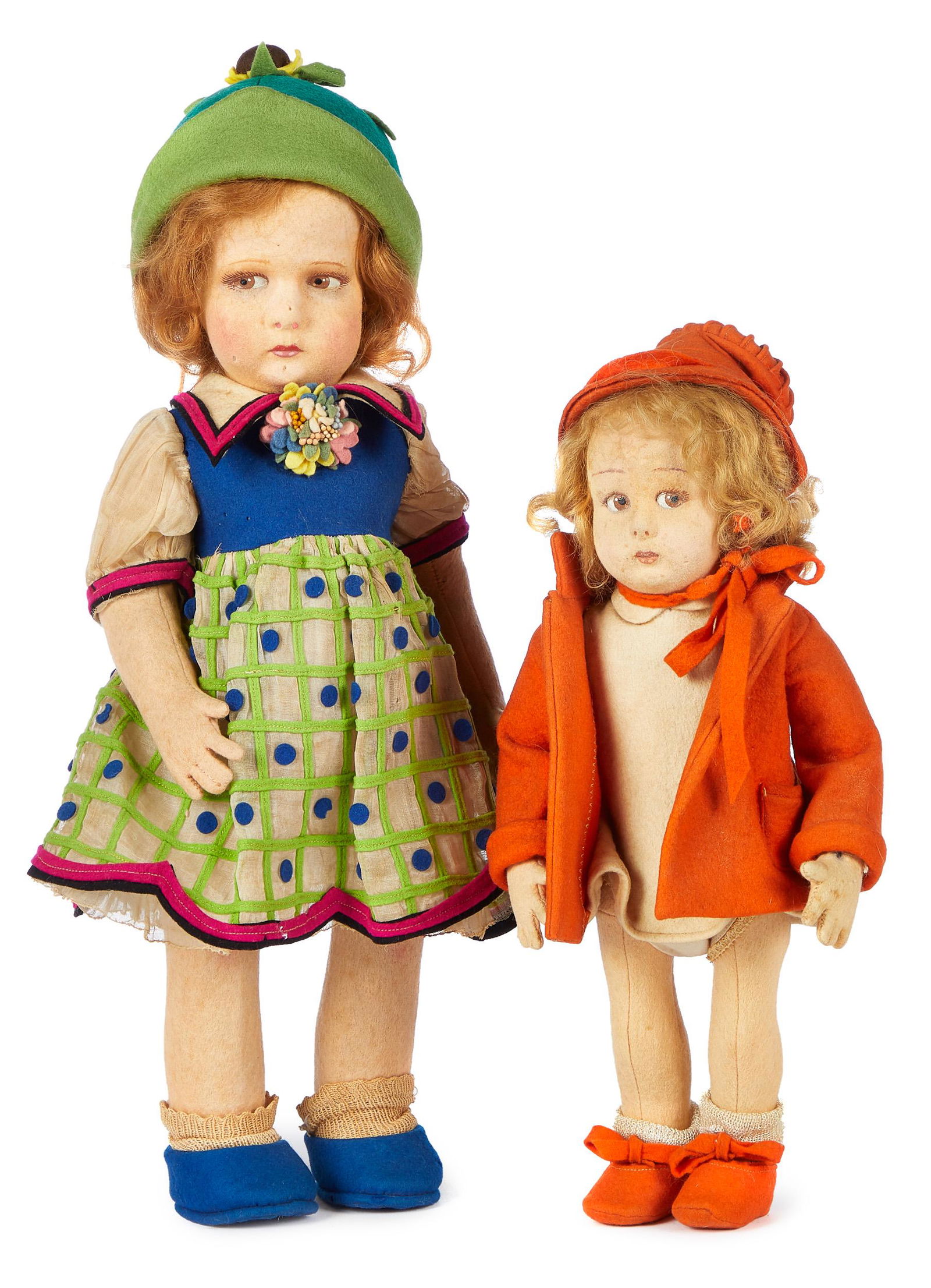 Two felt Lenci girl dolls: Two felt Lenci girl dolls, larger with hollow torso, smaller with stuffed body, both with painted side glancing eyes and closed mouths, 16 1/2'' and 12 1/2'' h.