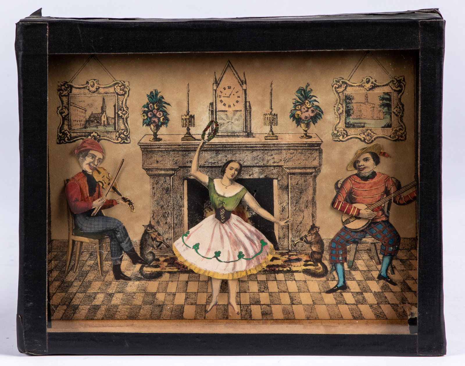 Gerard Camagni animated sand toy: Gerard Camagni animated sand toy, with a dancer, flanked by two musicians and animated squirrels playing instruments next to the fireplace, 8'' x 10''.