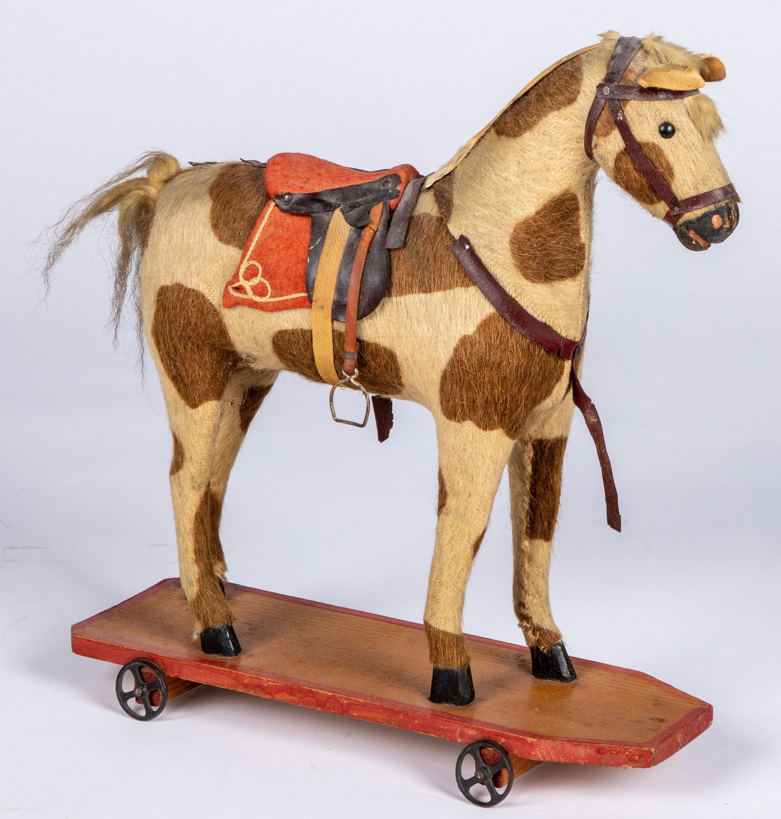 Dappled mohair platform horse pull toy: Dappled mohair platform horse pull toy, 14 1/4'' l.