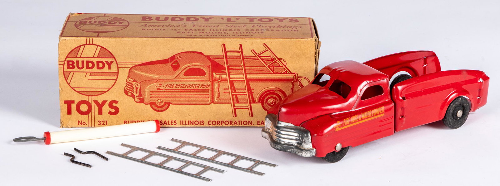Buddy L steel Fire House & Water Pumper, etc.: Buddy L pressed steel Fire House & Water Pumper fire truck, with the original box, to include two ladders and two hoses, 12 1/4'' l., together with a Buddy L Fill-R-Up gas pump in the original box.