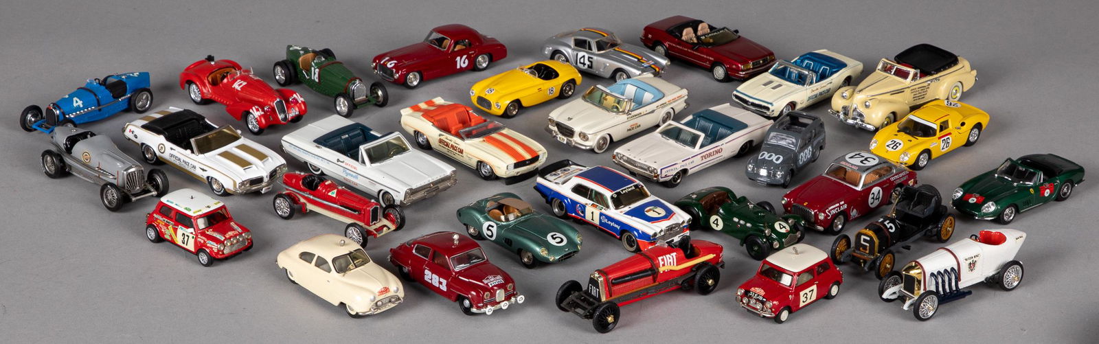 Thirty diecast and plastic scale model cars: Thirty diecast and plastic scale model cars, to include Solido, Vitesse, Norev, True Dimensions, Brooklin, Lansdowne, Pauls Models, Schuco, Corgi, Somerville, etc., longest - 5''.