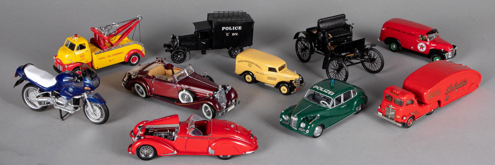 Ten scale model cars: Ten scale model cars, to include T & C, Schuco, DMP Studios, FMPM, Franklin Mint, and First Gear, longest 10'' .