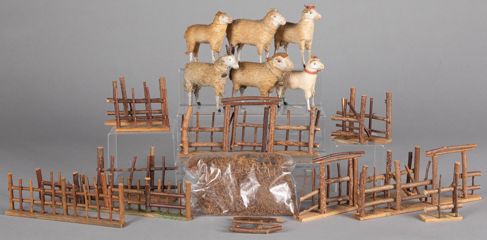 German stick leg sheep and Christmas fence: German stick leg sheep and Christmas fence, tallest - 5 1/2''.