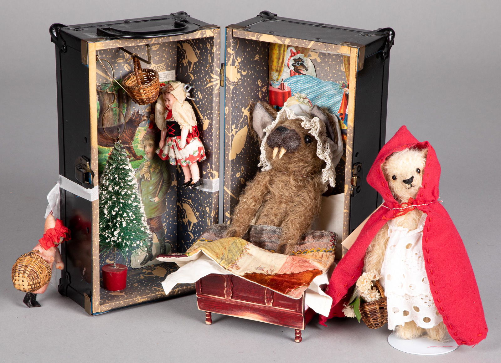Heidi Steiner artisan teddy bears: Heidi Steiner artisan teddy bears, to include Little Red Riding Hood and the Big Bad Wolf, in a doll case with decoupage applied to walls, bed etc., wolf - 9'' h.