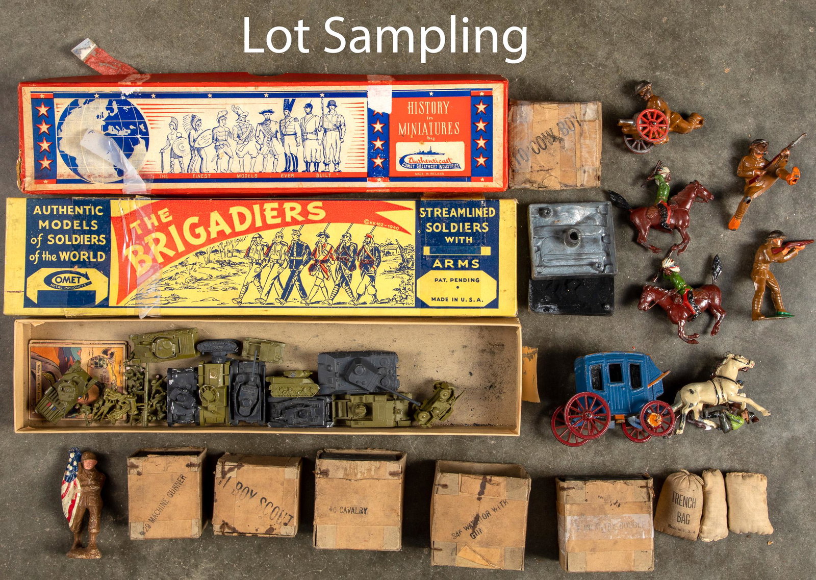 Boxed sets of Comet toy soldiers, etc.: Boxed sets of Comet toy soldiers, to include #859 Swedish Trench Mortar and an empty box #708 German Mountain Troops, together with miscellaneous tanks, soldiers, molds, etc.