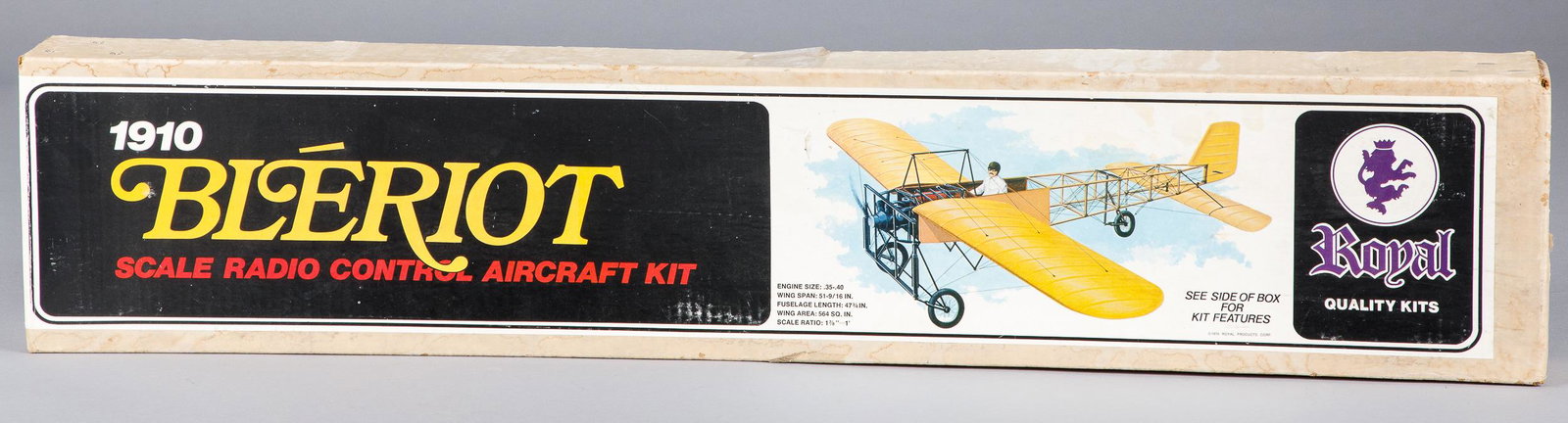 Vintage boxed Royal radio controlled airplane kit: Vintage boxed Royal radio controlled airplane kit, Spitfire MK-8, unbuilt, 64'' wingspan, together with another vintage boxed Royal radio controlled airplane kit, 1976, 1910 Bleriot, unbuilt, 51 9/16'
