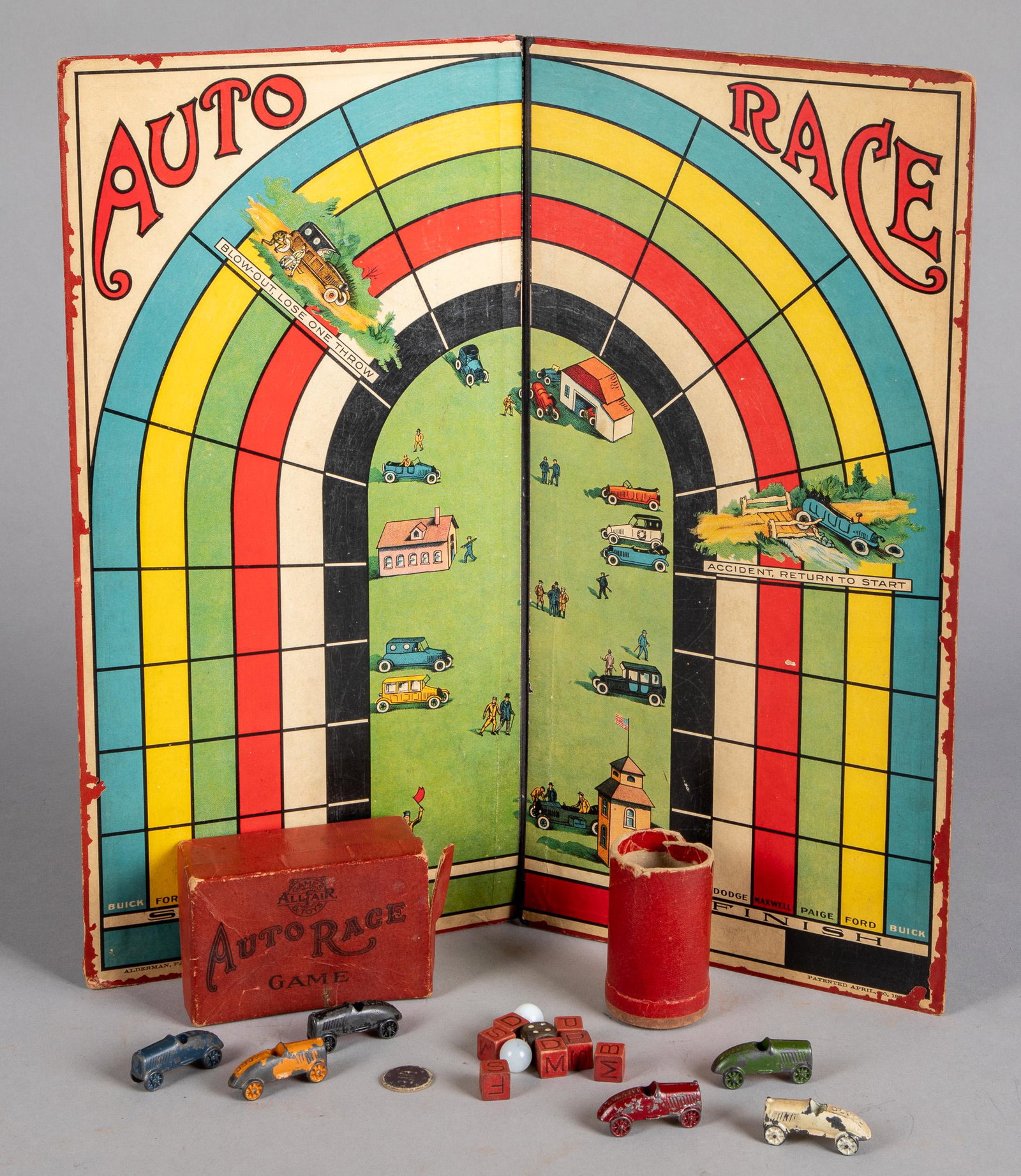 Alderman, Fairchild Co. Auto Race board game: Alderman, Fairchild Co. Auto Race board game, with six painted metal cars, board - 17 1/2'' x 17''.