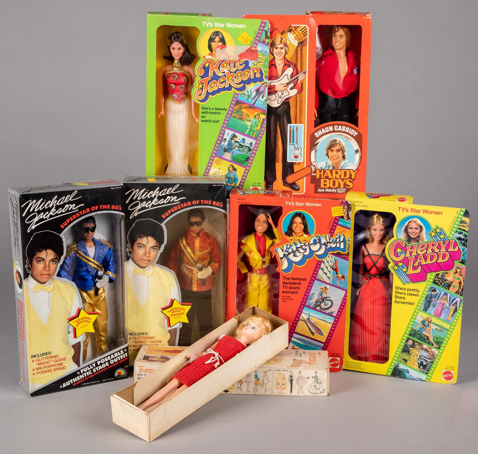 Seven vintage TV personality dolls: Seven vintage TV personality dolls, in original boxes, to include two 1984 Michael Jackson, 1978 Mattel Kitty O'Neil, 1978 Mattel Cheryl Ladd, 1978 Mattel Kate Jackson, 1978 Kenner Shaun Cassidy, and 