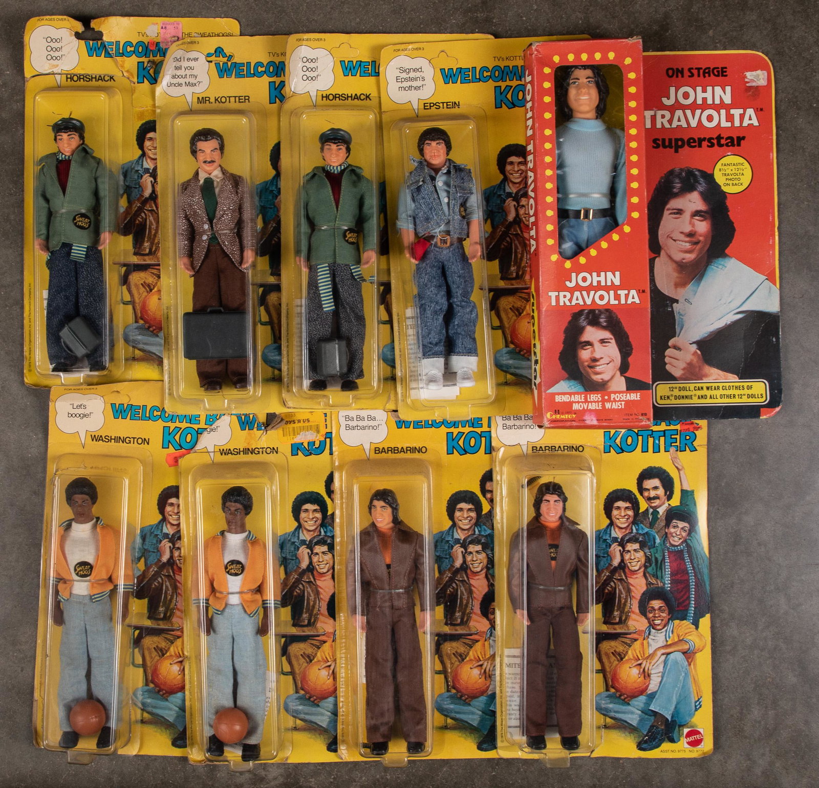1976 Mattel Welcome Back Kotter action figures: Eight 1976 Mattel Welcome Back Kotter action figures, on original cards, to include two Horshack, two Barbarino, two Washington, Mr. Kotter, and Epstein, 9'' h., together with a 1977 Chemtoy John Trav