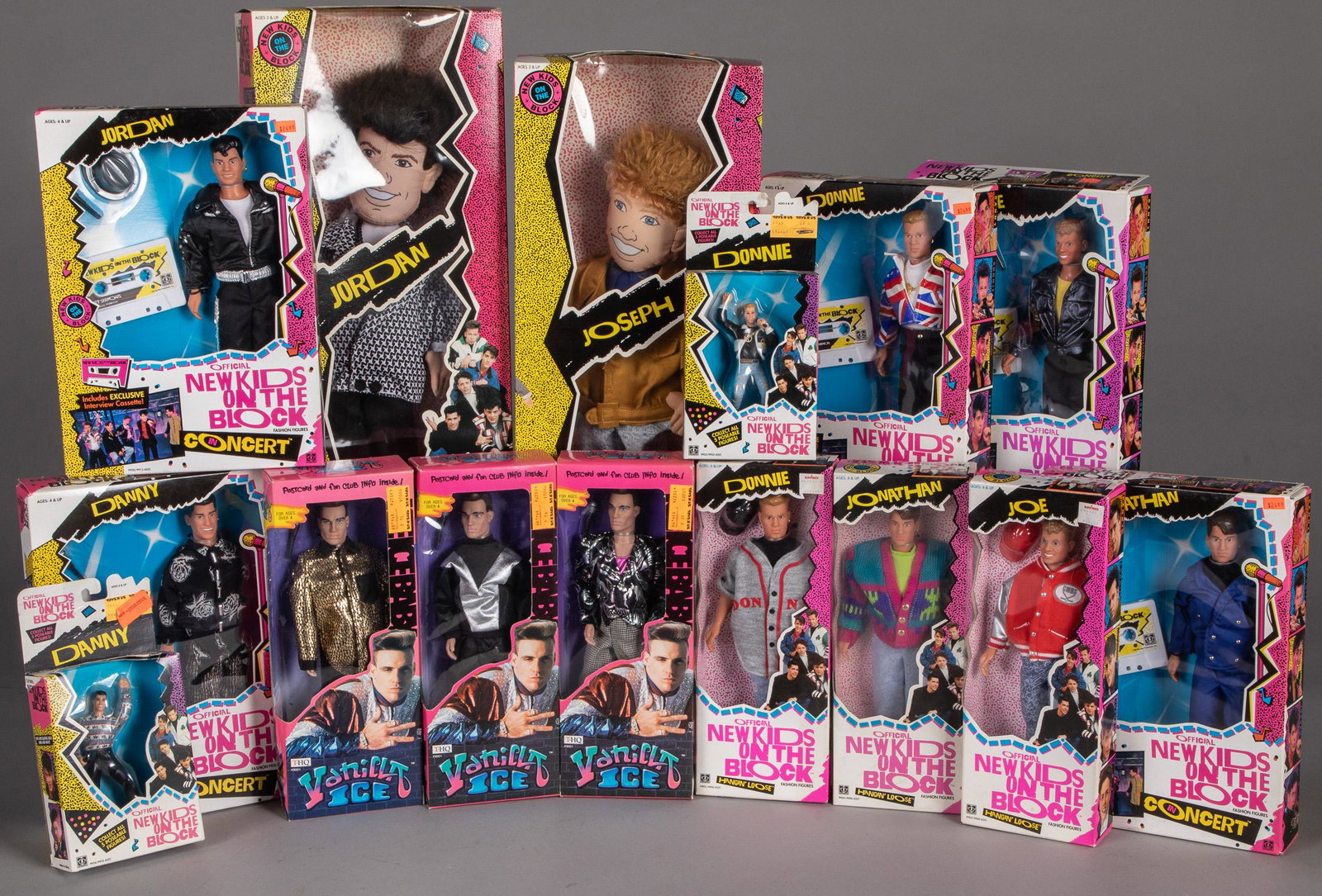 Twelve New Kids on the Block dolls: Twelve New Kids on the Block dolls, in the original boxes, to include two 1990 Hasbro cloth, two 1990 Hasbro poseable, three fashion figures, and a complete set of five concert series with cassette ta