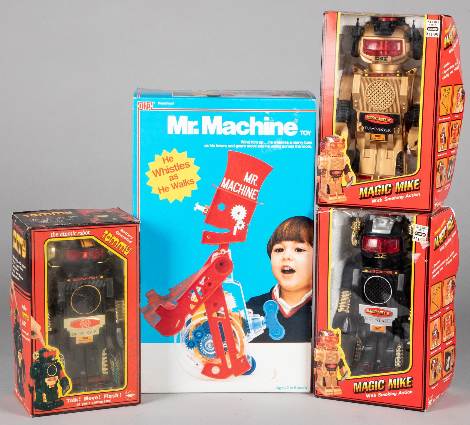 Ideal Mr. Machine wind-up toy, etc.: Ideal Mr. Machine wind-up toy, with original box, together with two Magic Mike robots in the original box and a The Atomic Robot Tommy in the original box.