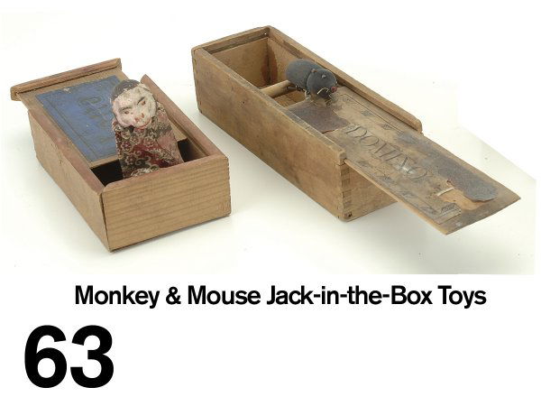 Monkey & Mouse Jack-in-the-Box Toys: painted composition and cloth dressed monkey hides in wooden box with "Lotto" game label and wood mouse pops up from wood box with paper "domino" game label ( areas of staining and loss) 5" & 7" l