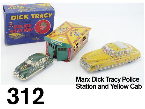 Marx Dick Tracy Police Station and Yellow Taxi: lithographed tin friction car and crank operated station and #19 friction cab box 9" l.