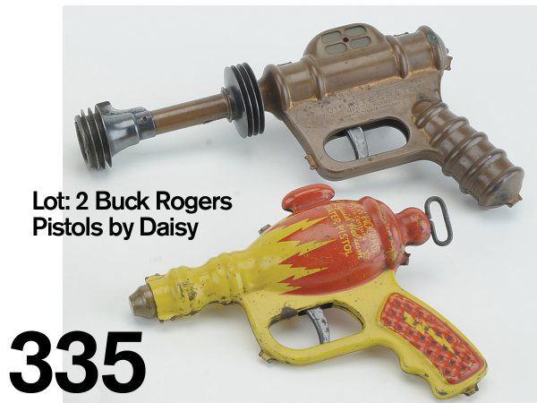 Lot: 2 Buck Rogers Pistols by Daisy: includes an excellent example of the copper finished pressed steel "Disintegrator" along with a fair to good example of the lithographed tin "Liquid Helium" water pistol (not working) larger 9.5" l.