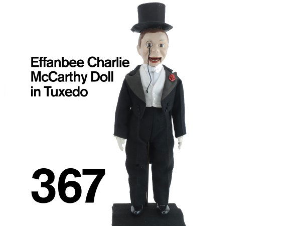 Effanbee Charlie McCarthy Doll in Tuxedo: cloth dressed doll with painted composition head, hands, and shoes; an exceptional example 19" t.