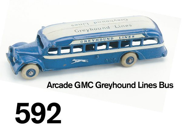 Arcade GMC Greyhound Lines Bus: painted cast iron with rubber tired wheels, an exceptional example - would be hard to upgrade 7.5" l.