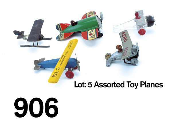 Lot: 5 Assorted Toy Planes: includes "Spirit of Goodwill" glass candy container with original closure, "SH" tin and cardboard tether speed racer, wood and tin "NAT - Air Mail" plane advertising a drug store, along with ski plane