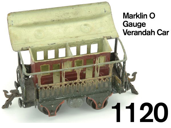 Marklin O Gauge Verandah Car: beautifully detailed hand enameled car with hinged roof, cast iron wheels, interior and functional doors and gates, a scarce and desirable car in O gauge 4.5" l.