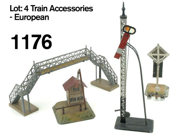 Lot: 4 Train Accessories - European: lithographed and painted tin grouping includes 3 by Bing-semaphore, signal bell (paint flaking and loss to base), crossing gate with house and Marklin footbridge (some areas of paint touch up,1 side s