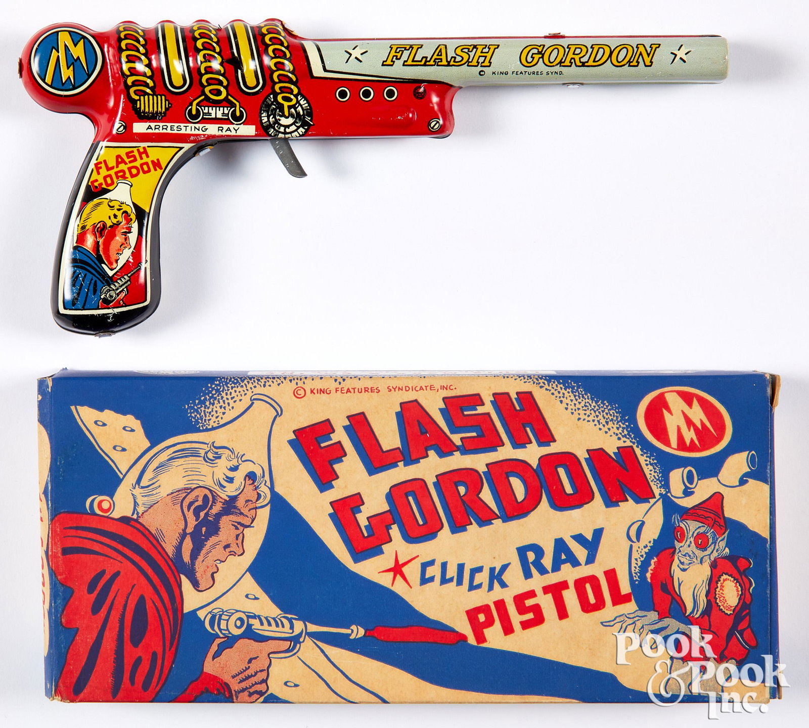 Marx tin lithograph Flash Gordon Click Ray Pisto: Marx tin lithograph Flash Gordon Click Ray Pistol, with the original box, 9 3/4'' l. In-house shipping available for this lot.