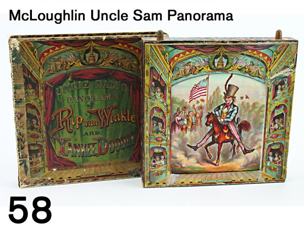 McLoughlin Uncle Sam Panorama: colorful lithographed-paper-on-wood panorama toy in original decorated slip case, scroll has 6 pictures from the Rip Van Winkle story and 6 colorful cartoon images of Uncle Sam by Thomas Nast, the pap