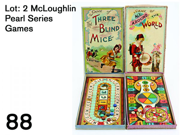 Lot: 2 McLoughlin Pearl Series Games: very colorfully lithographed boxed games with inset boards, includes Three Blind Mice and Around the World- charming graphics of children on the covers 15.5" x 7.75"
