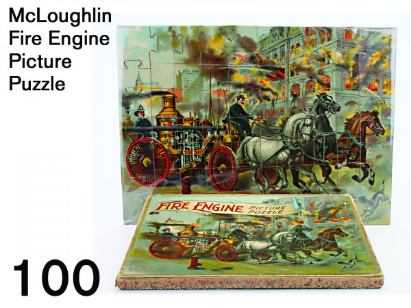 McLoughlin Fire Engine Picture Puzzle: paper covered wooden box with very colorful lithographed lid, the puzzle presents a striking graphic image of a horse drawn fire pumper racing toward a large building engulfed in flames puzzle 24" x 1