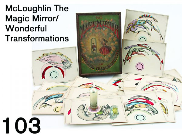 McLoughlin The Magic Mirror/Wonderful Transformat: a nice example with complete set of 24 different hand colored anamorphic images which can be viewed correctly on mirrored glass tube, in lithographed paper on wood box; images include Queen Victoria a