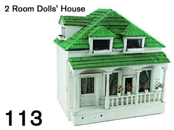 2 Room Dolls' House: charming painted wood 2 room house with opening front and attic with rear opening door, front porch with column and balustrade railing; interior furnished with mixture of contemporary pieces 21.5" w. 
