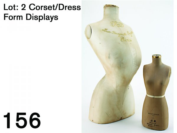 Lot: 2 Corset/Dress Form Displays: fabric covered wood and composition forms; larger embroidered "Buse Changeable Eynede, Paris" and smaller is stenciled "Half Scale 14, J. R. Baumax Normal Model Form. Inc. N.Y. 30" t. and 17.5" t.