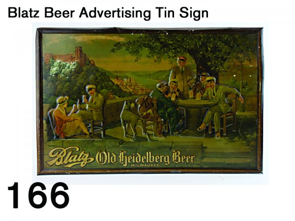 Blatz Beer Advertising Tin Sign: self framed lithographed tin sign with strong embossing, image of young students imbibing overlooking the Rhine river suitably advertises Blatz's Old Heidelberg Beer 23" x 35"