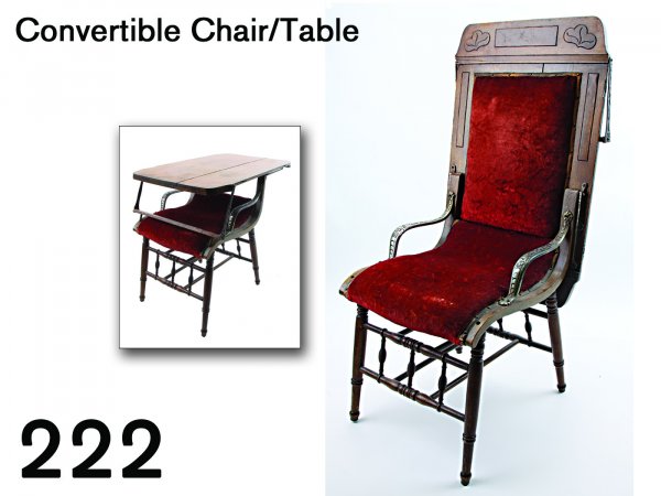 Convertible Chair/Table: an unusual upholstered dual purpose oak chair with ornate nickel plated arm rests, the straight back folds down and a supporting brace swings into position creating a fairly rigid work table chair 44"