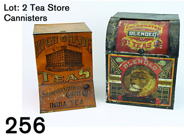Lot: 2 Tea Store Cannisters: lithographed tin store cannisters include Celebrated Blended Teas with image of lion and curved opening lid along with a High Grade Teas/Steinwender Stoffregen Coffee tin with image of office building