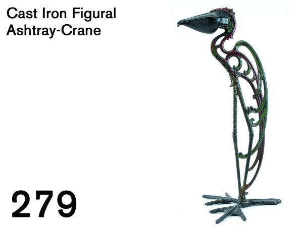 Cast Iron Figural Ashtray-Crane: beautiful detailed painted cast iron ashtray stand in the form of a crane with opening hinged bill and webbed feet; marked Verona Pat. Pend.; additional slot on body suggests piece may have had anothe