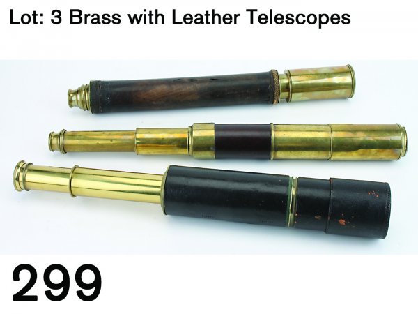 Lot: 3 Brass with Leather Telescopes: includes a 5 draw scope fully leather bound when closed marked on barrel "W. Watson & Sons Ltd., London & Barnet" - extends to 36.5" l. and has retractable lens covers; a leather barreled scope with l