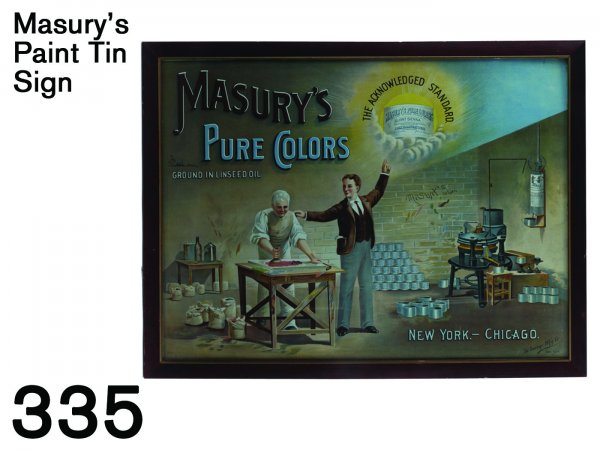 Masury's Paint Tin Sign: very colorful lithographed tin sign made by the Savage Mfg. Co. of New York, this example is offered framed behind glass and the condition is so shockingly good we had to partially de-frame it to be s