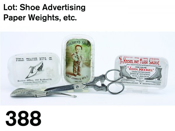 Lot: Shoe Advertising Paper Weights, etc.: includes 3 glass paperweights- Kalt-Zimmers Children's Shoes, Field, Thayer M'F'G. Co. shoes and John Heckel pat. Turn Shank, Golden Rule Shoe horn/lace hook and a pair of nicely detailed shoe handle 