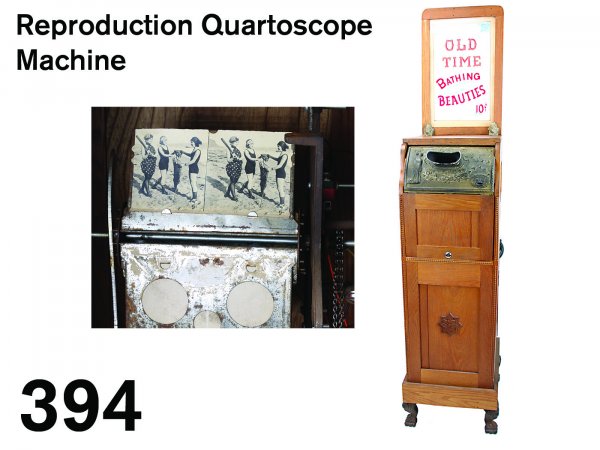 Reproduction Quartoscope Machine: this is a finely crafted reproduction of a classic American penny arcade machine - the Mills Quartoscope; the machine displays stereoscopic images of scantily clad bathing beauties and is coin operate