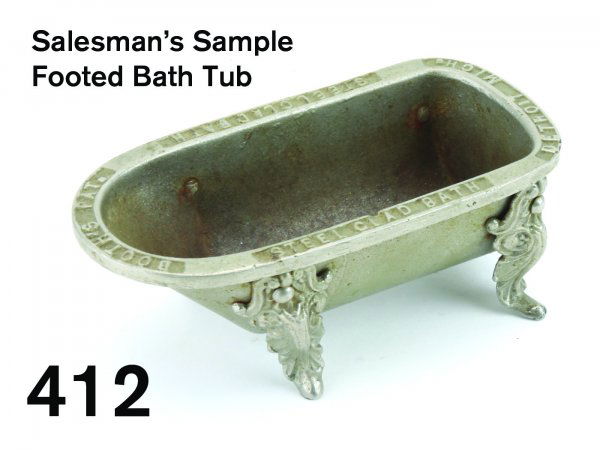 Salesman's Sample Footed Bath Tub: nickel plated cast iron bath tub with ornate cast feet, marked in rim: Booth's Pat. Steel Clad Bath - Detroit Mich." 5.75" l.