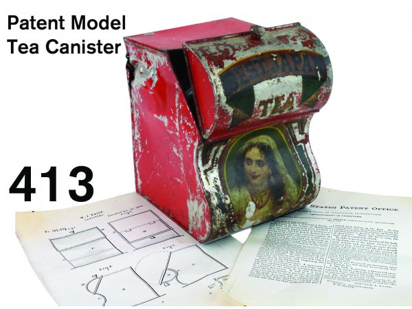 Patent Model Tea Canister: painted tin model with copies of patent papers: "Be it known that I, William J. Rasin, of Jenkintown, in the county of Montgomery and State of Pennsylvania, have invented a new and useful Improvement 
