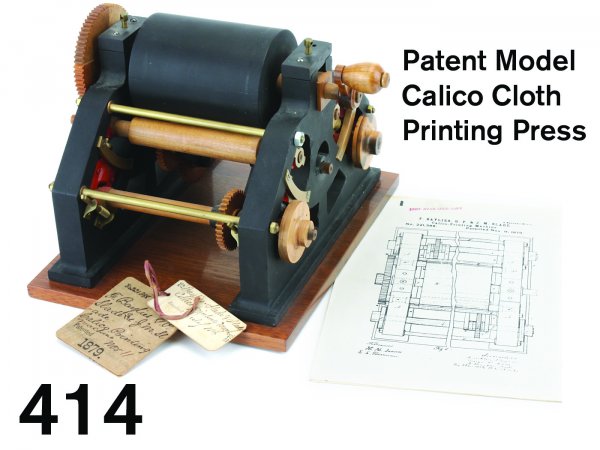 Patent Model Calico Cloth Printing Press: F. Baylies, George P. Slade & J. Morgan Slade patent machine with crank operated gear mechanisms with revolving rolls, retains original patent tag NO. 221,388 as well as original receiving tag dated J