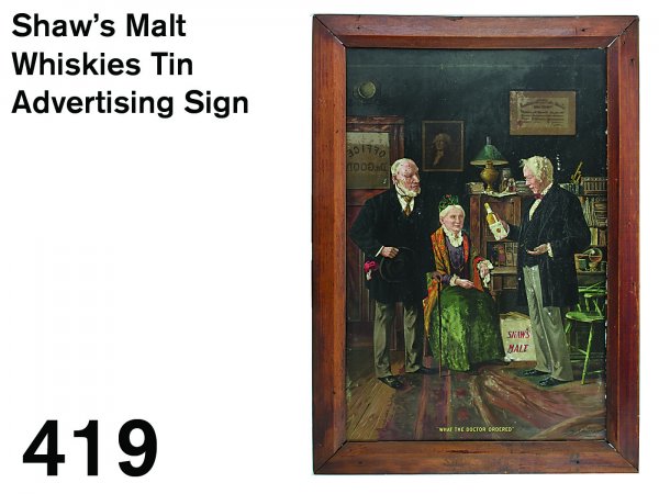 Shaw's Malt Whiskies Tin Advertising Sign: lithographed tin in original frame, marked "Copyright 1919 by Berheim Distilling Co.", colorful image of an elderly couple gratefully accepting "What the Doctor Ordered.", the old lady in her paisley 