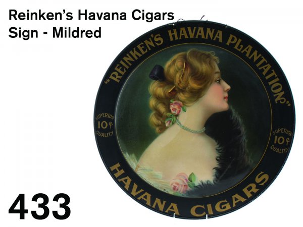 Reinken's Havana Cigars Sign - Mildred: beautifully lithographed self framed tin sign by American Art Works, Ohio 13.75" diam.
