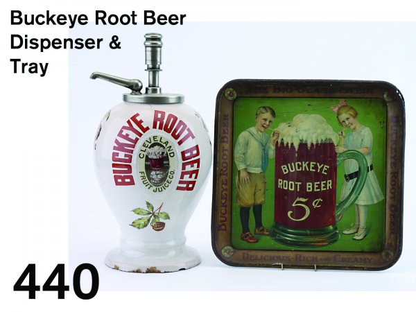 Buckeye Root Beer Dispenser & Tray: ironstone with decal decoration on both front and back, marked with manufacturer's name-Cleveland Juice Co., pump marked Bishop & Babcock Co. Cleveland O., Pat. Aug. 16.1910; also included is a lithog