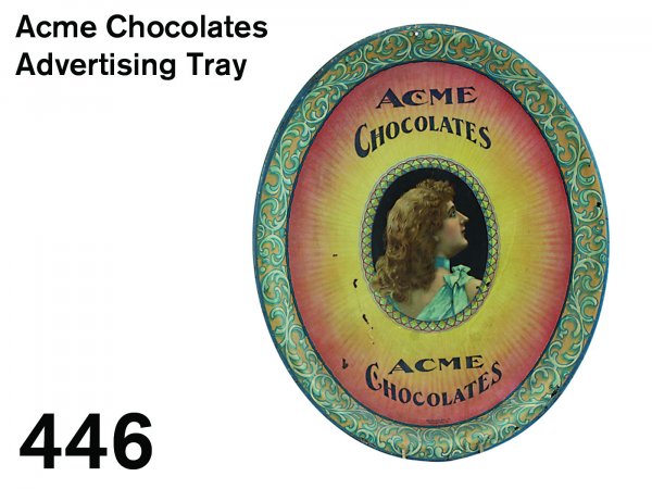 Acme Chocolates Advertising Tray: scarce lithographed tin tray by Standard Adv., Co. Coshockton, O. 10.5" x 12.75"