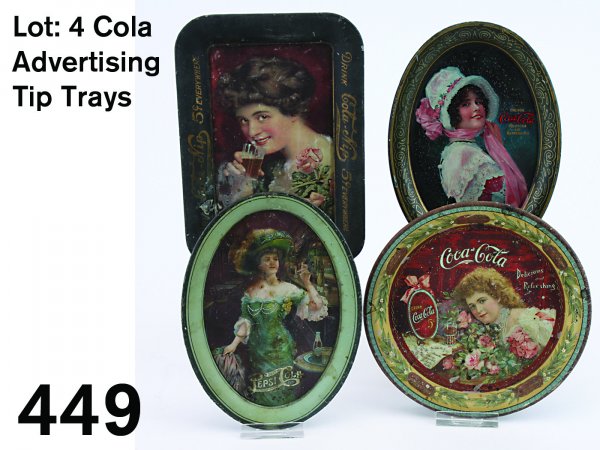 Lot: 4 Cola Advertising Tip Trays: 2 Coca-Cola trays, 1 with bean and laurel edging and other oval, Pepsi-Cola tray (some areas of spotting) and rectangular Cola-Nip tray (area of abrasion near hand and edge) nip tray 6.5" x 4.5"