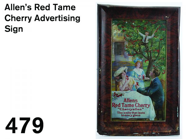 Allen's Red Tame Cherry Advertising Sign: self framed lithographed tin advertising sign - "Allens Red Tame Cherry "Allen's Red Tame Cherry" The Smile That Lasts in Every Glass" by American Art Works 17.5" x 28"