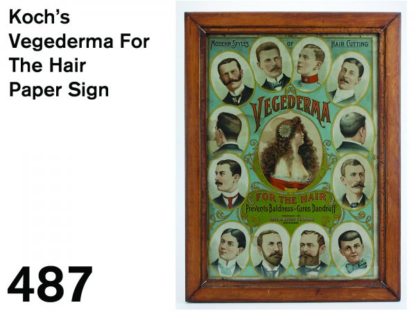 Koch's Vegederma For The Hair Paper Sign: colorfully lithographed paper sign for the Theo. Koch's Company baldness and dandruff remedy Vegederma, Koch's was one of the principal barber supply house of its day, great images of 12 "Modern Style