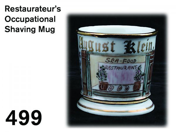 Restaurateur's Occupational Shaving Mug: porcelain with polychrome painted scene of front of seafood restaurant which displays plated fish and potted plants, name in gilt is August Klein, marked KPM Germany. A very nice example of a scarce m